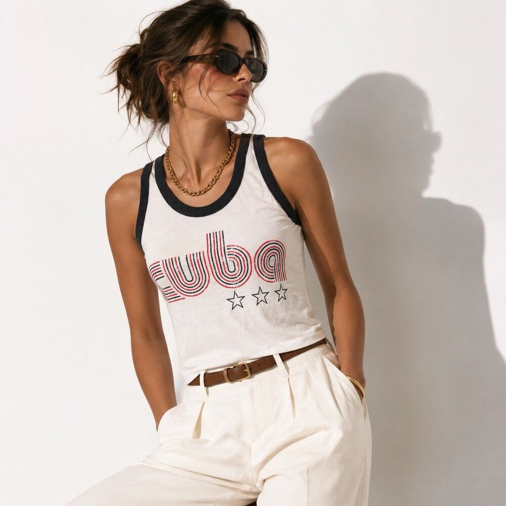 Chaser Cuba Graphic Ringer Tank Top White Red Navy Stars Size Small NWT